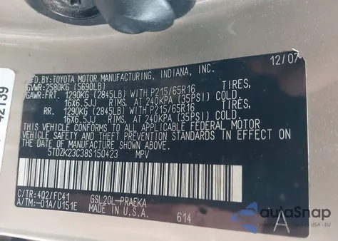 2008 Toyota Sienna Le из США, поврежденный, VIN 5TDZK23C38S150423